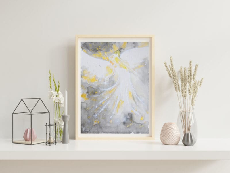 Original Aquarell Engelbild "Innere Stimme" - Gefühlvolles Engel Wandbild in Grau und Gold – Bild 2